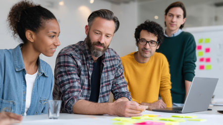 A diverse group of professionals engaging in a creative brainstorming session in a modern office. They are collaborating on project planning using sticky notes to share ideas and inspire innovation.の素材