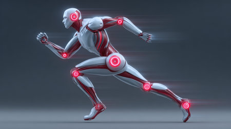A striking humanoid robot captures a dynamic running pose, emphasizing cutting-edge technology and design. The glowing joints suggest advanced mechanics in motion.の素材