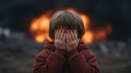 A young boy stands in front of a distant fire, covering his face with hands, embodying fear and vulnerability in an uncertain situation outdoors.の素材