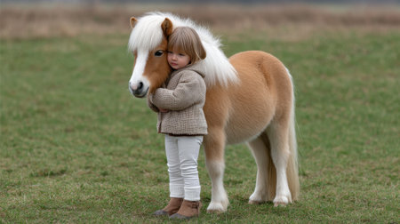 A heartwarming scene of a young child gently hugging a miniature pony, showcasing a beautiful bond in a tranquil outdoor setting filled with greenery.の素材