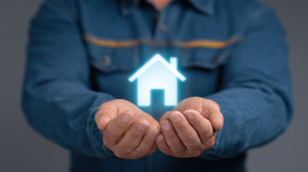 A pair of hands gently cradles a glowing digital home icon, representing concepts of homeownership and real estate. This image conveys security and aspiration.の素材