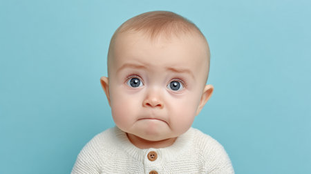 This captivating image features an adorable baby with a sad expression, set against a soft blue background. The emotion captured evokes tenderness and innocence.の素材