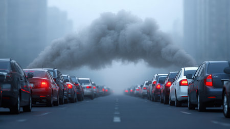 A dense traffic jam highlights the struggle of urban commuting, with smoke rising from cars in foggy conditions, symbolizing pollution and environmental challenges.の素材
