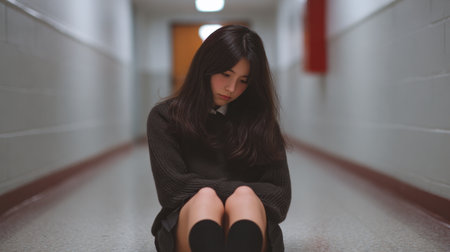 A young woman sits thoughtfully on the floor of a dimly lit hallway, expressing a sense of sadness and introspection, creating a poignant atmosphere.の素材