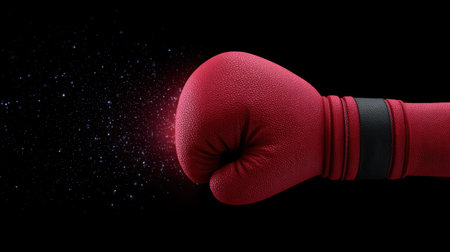 Captivating image of a dynamic red boxing glove launching forward, creating a dramatic energy effect against a contrasting black background, symbolizing power and strength in sports.の素材