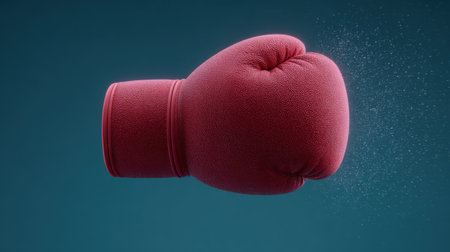 A striking red boxing glove is captured in mid-air, surrounded by a soft blue background and subtle dust particles, symbolizing energy and action in sports.の素材