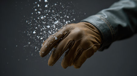 A close-up image of a brown leather glove, elegantly releasing fine white powder. The dramatic contrast against a dark background emphasizes texture and motion.の素材