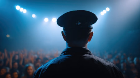 A police officer stands in front of a cheering crowd at a concert, showcasing the vibrant atmosphere with dramatic lighting and excitement radiating throughout.の素材