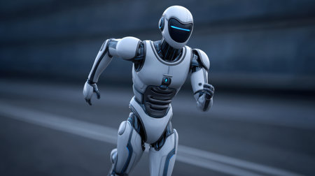 A sleek humanoid robot running at high speed on a modern urban track, showcasing advanced technology and innovation in robotic design and movement.の素材