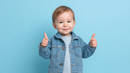 A joyful toddler shows a thumbs up while wearing a denim jacket against a soft blue background, capturing the essence of childhood joy and confidence.の素材