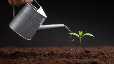 A close-up view of a hand using a metal watering can to nurture a small green plant, symbolizing growth, care, and the beauty of nature in a dark background.の素材