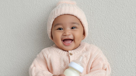 A delightful image of a happy baby smiling while holding a bottle, dressed in a cozy knit sweater and matching hat, exuding warmth and joy.の素材