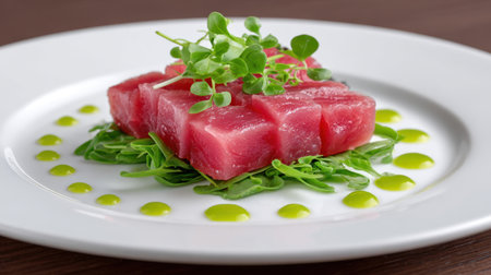 This exquisite plate features fresh tuna squares artfully arranged on a bed of vibrant greens, garnished with microgreens and drops of olive oil.の素材