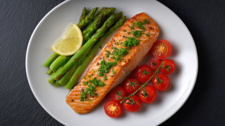 A beautifully arranged plate featuring grilled salmon, fresh asparagus, cherry tomatoes, and garnished with a slice of lemon, showcasing vibrant colors and inviting presentation.の素材