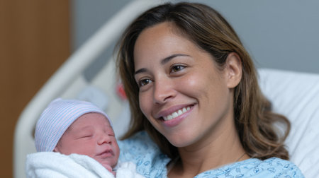 A new mother beams with joy as she cradles her sleeping newborn in a hospital bed, illustrating the deep bond and pure emotions of motherhood.の素材