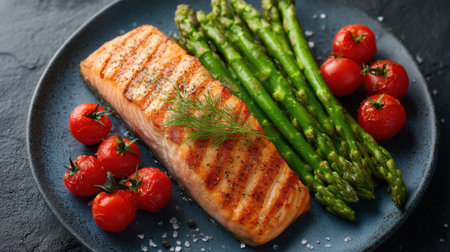 A beautiful presentation of grilled salmon fillet accompanied by tender asparagus and ripe cherry tomatoes, garnished with fresh herbs and sea salt. Ideal for healthy eating.の素材