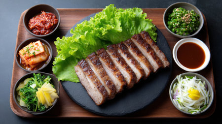 Experience a beautifully arranged platter featuring grilled pork, fresh greens, and assorted side dishes, perfect for food lovers and culinary enthusiasts.の素材