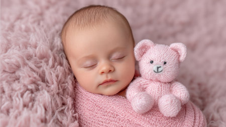 This heartwarming image captures an adorable baby peacefully sleeping while wrapped in a soft pink knit blanket, holding a cute stuffed bear. Perfect for showcasing themes of innocence, love, and comforting moments in family life.の素材