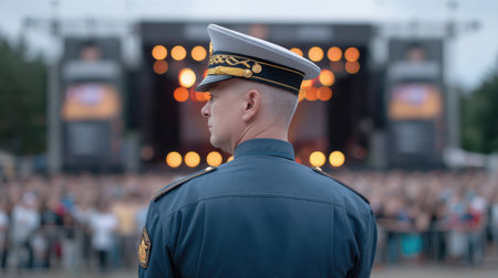A focused security officer stands at the forefront, managing the safety of a large crowd at an outdoor event with dazzling stage lights illuminating the scene.の素材