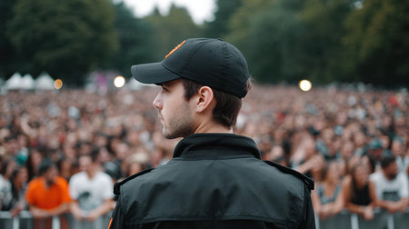 A focused security personnel monitors a large crowd at an outdoor music festival, ensuring safety and maintaining order in a vibrant urban park setting.の素材