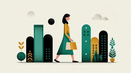 A vibrant illustration showcasing a woman walking in an urban setting. Surrounding her are stylized buildings and natural elements, symbolizing a blend of city life and eco-consciousness.の素材