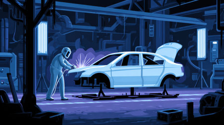 A focused technician is welding an automobile frame within a dimly lit garage workshop, showcasing bright sparks and advanced craftsmanship in action.の素材