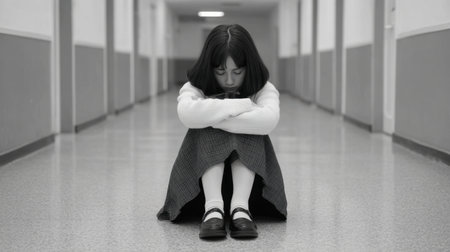 A young girl sits quietly in a school corridor, displaying sadness and introspection. The black and white photo captures her solitude, inviting reflection.の素材