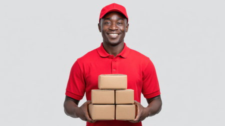 A cheerful delivery person in a red uniform holds a stack of brown packages against a gray background, representing logistics and customer service excellence.の素材