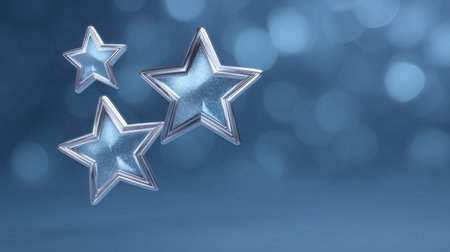 This captivating image showcases shimmering silver stars with a reflective surface, set against a soft blue background, perfect for festive themes and celebrations.の素材