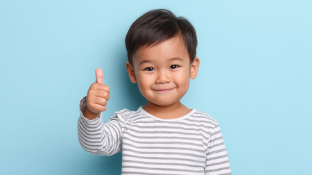 A joyful young boy gives a thumbs up while smiling brightly against a soft blue background. This cheerful portrait captures childhood innocence and happiness.の素材