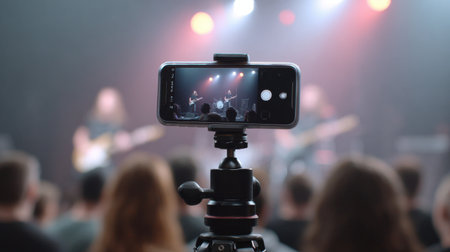 A mobile phone captures a live band performance on stage, showcasing energetic lighting and an engaged audience in the background.の素材