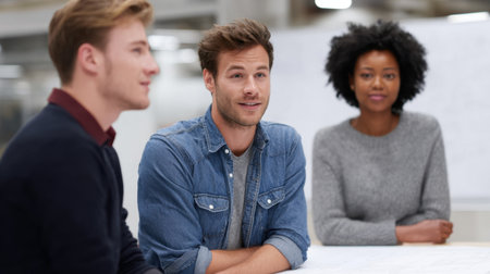 A diverse group of young adults engages in a creative discussion within a modern office setting, showcasing teamwork and collaboration among professionals.の素材