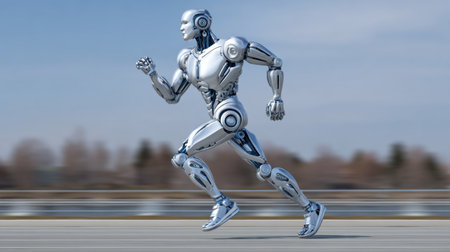 This image features a futuristic robot sprinting on an open road, showcasing a sleek design and dynamic motion under a bright sky. The scene symbolizes technological advancement and athletic performance.の素材