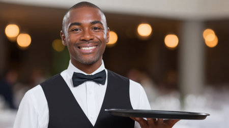 A cheerful waiter dressed in formal attire holds a serving tray while smiling at the camera. The elegant restaurant setting features blurred lights in the background, capturing the essence of high-end hospitality and service.の素材