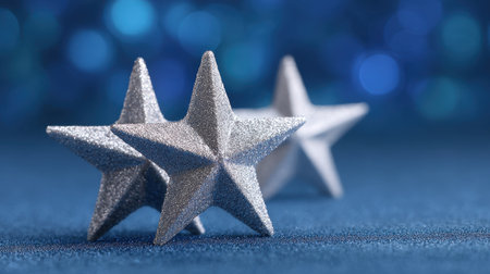 This captivating image features sparkling silver stars elegantly placed on a blue background, perfect for enhancing festive decorations and celebrations.の素材