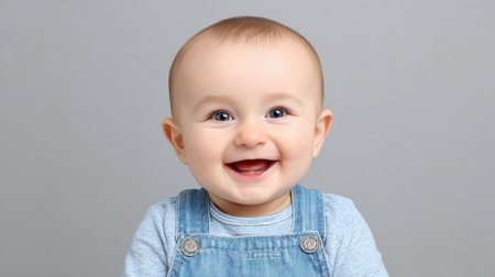 This delightful image features a joyful baby with sparkling blue eyes and a bright smile, set against a soft gray background, representing pure happiness.の素材
