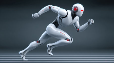 This dynamic image captures a futuristic robot in mid-run, showcasing cutting-edge design and athletic ability. Its sleek form emphasizes speed, movement, and innovation within a digital landscape.の素材