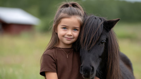 A young girl beams joyfully while embracing a black pony in a picturesque green field. This charming scene captures the essence of childhood happiness and innocent friendship.の素材
