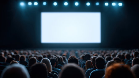 A large audience watches an empty screen in a dark cinema, creating a sense of anticipation and immersion in the movie-going experience.の素材