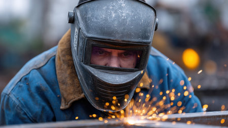 A skilled welder exudes concentration while working on metalwork, creating sparks in an industrial workshop, showcasing dedication and craftsmanship.の素材
