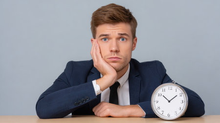 A young man in a suit rests his head on his hand while looking at a clock on the desk, portraying boredom and impatience in an office setting.の素材