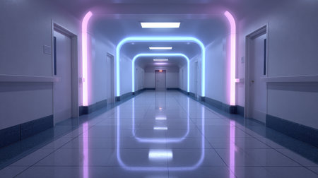 A modern corridor illuminated with vibrant neon lights showcases a sleek design with glossy surfaces and symmetrical architecture, creating a futuristic atmosphere.の素材