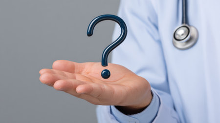 A healthcare professional holds a question mark in their palm, representing uncertainty in medical decisions and the importance of patient inquiry.の素材