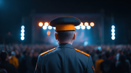 A police officer stands vigil at a nighttime concert, overseeing a large crowd in front of a brightly lit stage, ensuring safety and security.の素材