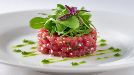 A beautiful serving of fresh tuna tartare topped with vibrant greens and a flavorful drizzle, perfect for fine dining and gourmet experiences.の素材