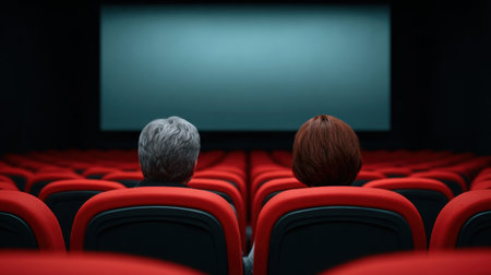 A heartwarming scene depicting two individuals enjoying a movie in a nearly empty cinema, surrounded by vibrant red seats, creating a cozy atmosphere.の素材