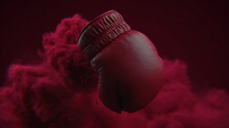 A striking image of a boxing glove in mid-air, enveloped by a cloud of vibrant red smoke, evokes a sense of energy and movement, perfect for sports themes.の素材