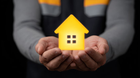 A person gently holds a glowing yellow house icon, representing the concepts of safety and home ownership against a dark background, evoking warmth and trust.の素材
