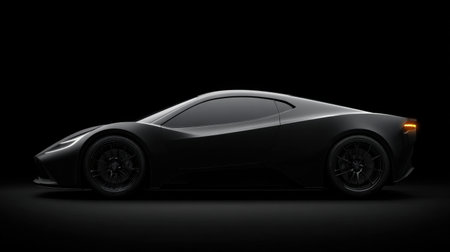 This striking image showcases a sleek black sports car silhouette against a dark background, emphasizing its modern design and streamlined body features.の素材