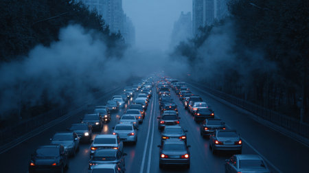 A captivating view of heavy traffic in an urban area during dusk, shrouded in fog. The scene captures the hustle of city life against a sleek skyline, illustrating the challenges of urban congestion.の素材